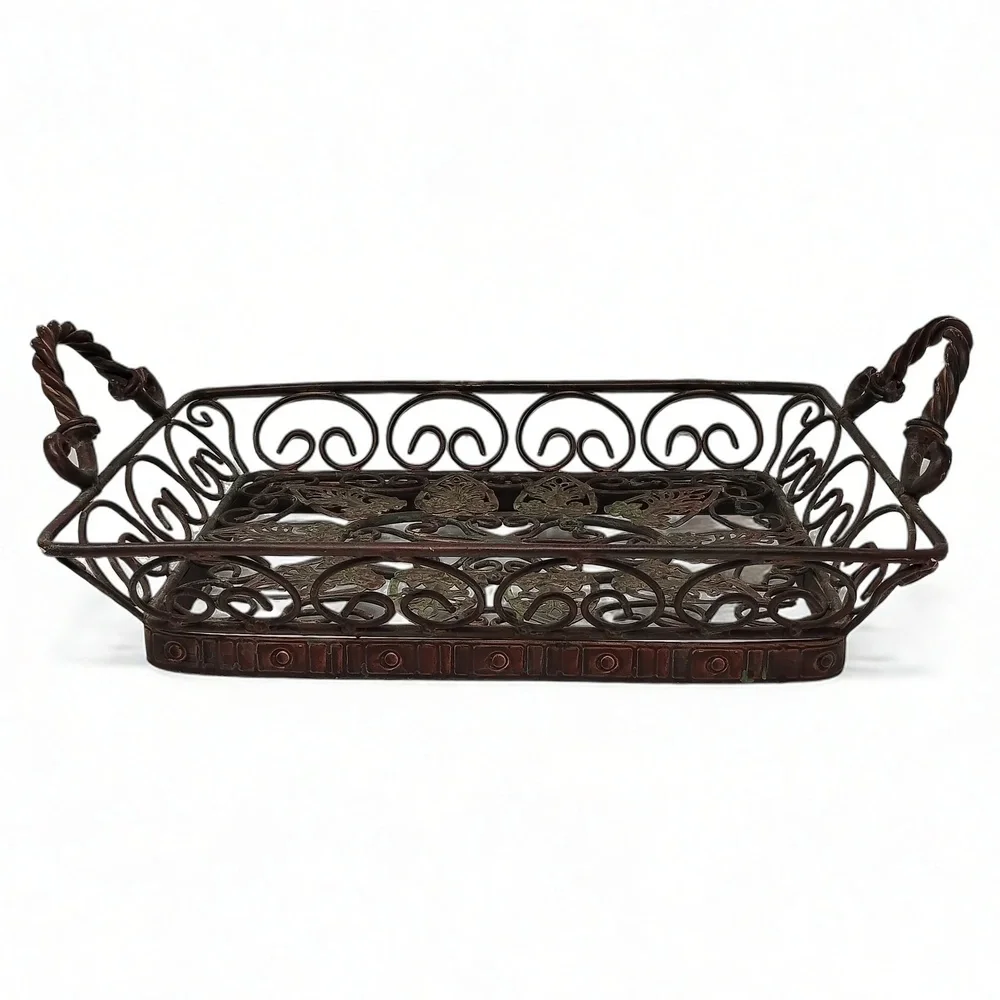 Farmhouse Cottagecore Metal Filigree Serving Tray Rectangular Twisted Handle
